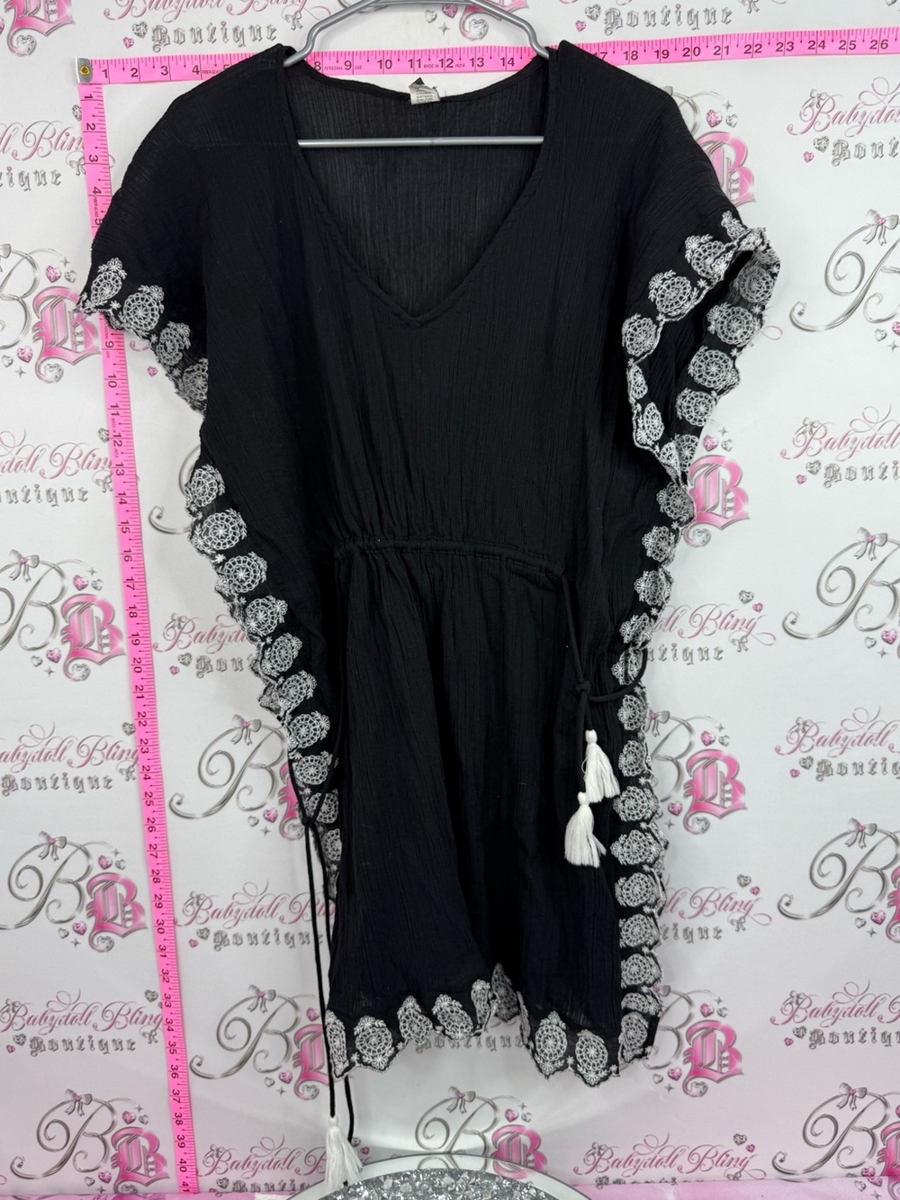 ECHO coverup Black Boho Tassel Cover-Up with White Crochet Trim